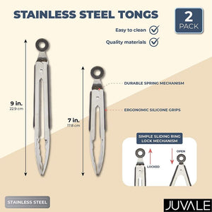 Juvale Stainless Steel Tongs for BBQ, Kitchen Utensils, Serving Food, 2 Sizes (2 Pack)