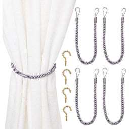 Light Grey Rope Curtain Tiebacks with Hooks, Holdbacks for Drapes (26 in, 2 Pairs)