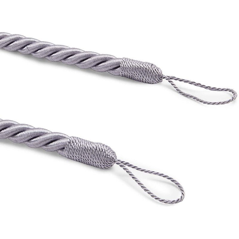 Light Grey Rope Curtain Tiebacks with Hooks, Holdbacks for Drapes (26 in, 2 Pairs)