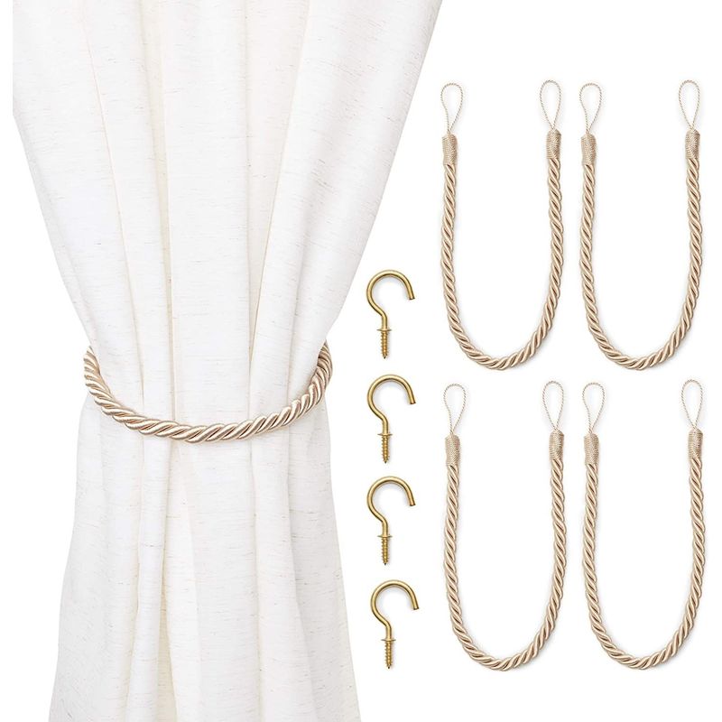 Tan Rope Curtain Tiebacks with Hooks, Holdbacks for Drapes (26 in, 2 Pairs)