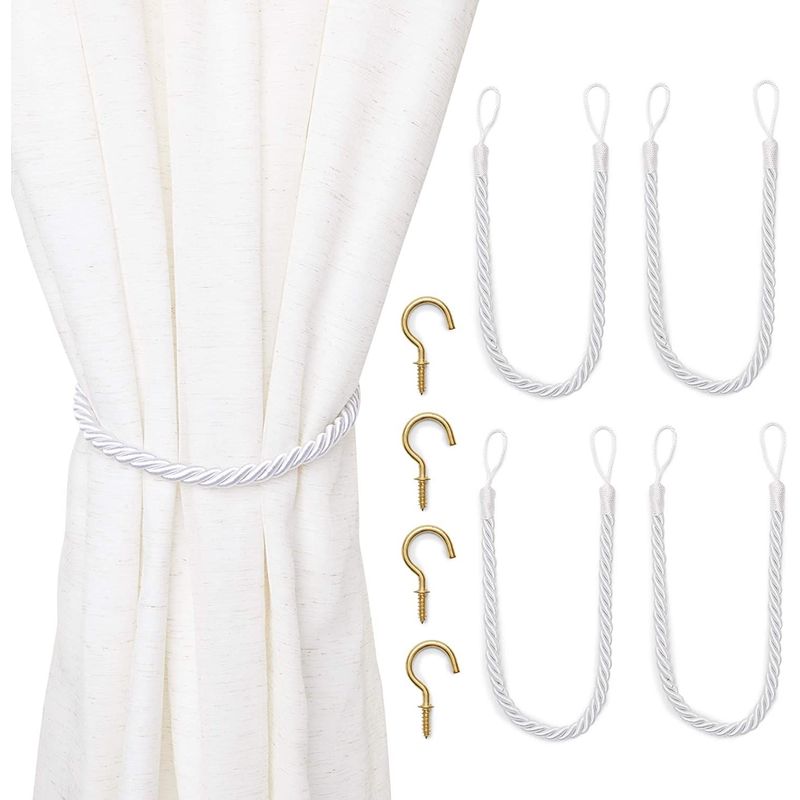 White Rope Curtain Tiebacks with Hooks, Holdbacks for Drapes (26 in, 2 Pairs)