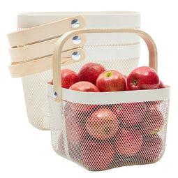 4 Pack Square Metal Mesh Fruit Basket with Wooden Handle for Kitchen, Pantry Storage and Organization (9.5 x 7 In, White)