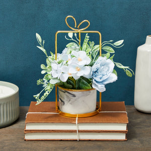 Faux Hydrangea Flowers and Ceramic Planter with Stand, Artificial Potted Plants