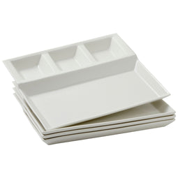 4 Pack White Ceramic Divided Plates with Sauce Compartments - Porcelain Serving Tray for Appetizers, Dumplings, Fondue (10.25x8.6 in)
