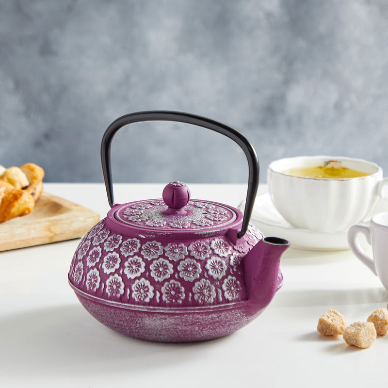 Purple Floral Cast Iron Teapot Kettle with Stainless Steel Loose Leaf Infuser (34 oz)