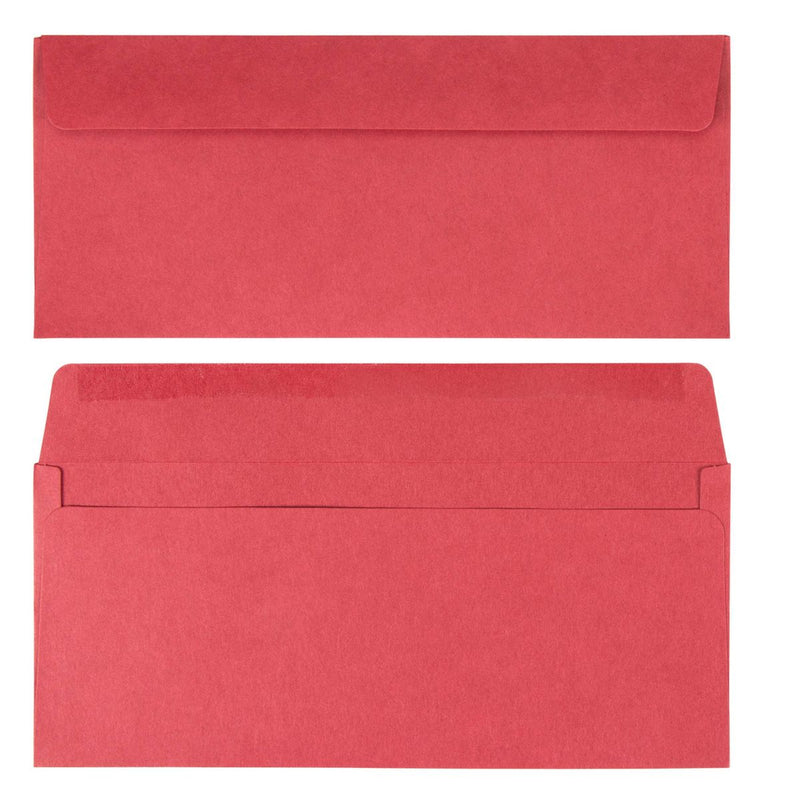 100 Pack Envelopes #10, Colored Red Business Envelope Value Pack, Gummed Seal Square Flap, Heavy Weighted Paper for Birthday Christmas Cards, Standard Size Letters