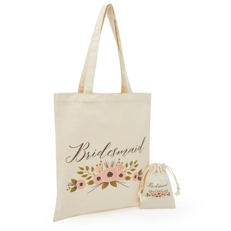 Bridesmaid Tote Bag with Canvas Drawstring Pouch, Proposal Gift in Rustic Floral Print