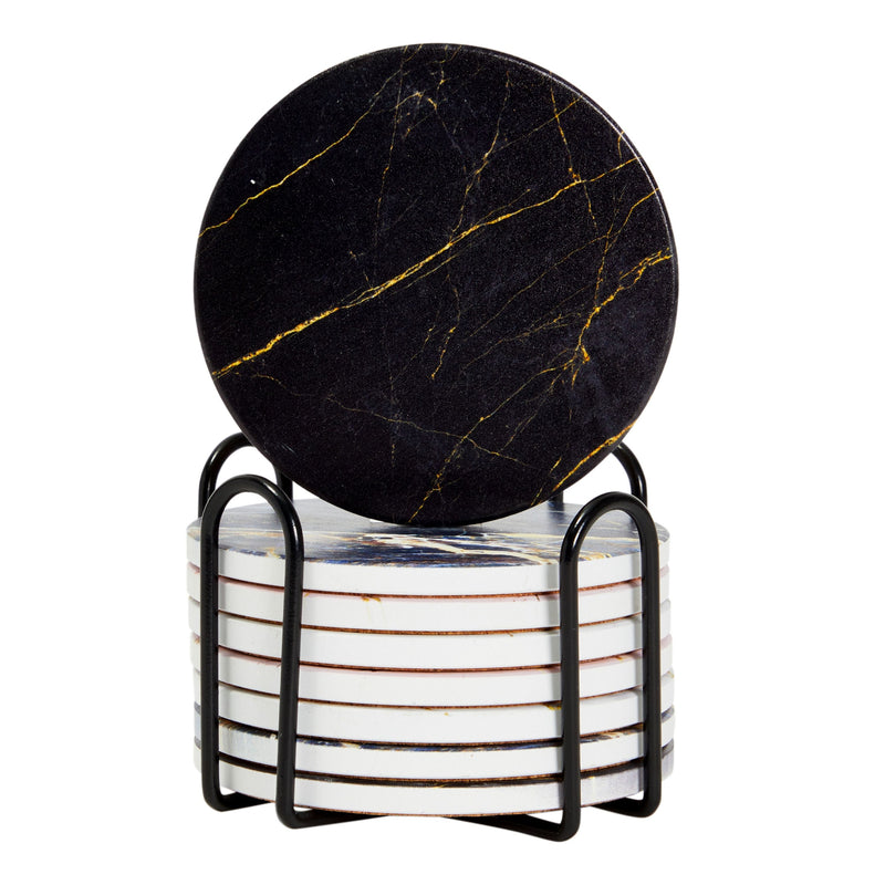 Set of 8 Ceramic Gold Marble Table Coasters for Drinks with Holder and Cork Base, 4 Colors (4 Inches)