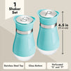 Stainless Steel Teal Salt and Pepper Shakers Set with Glass Bottom, Screw-Off Caps, Perforated "S" and "P" Designs for Kitchen (4oz)