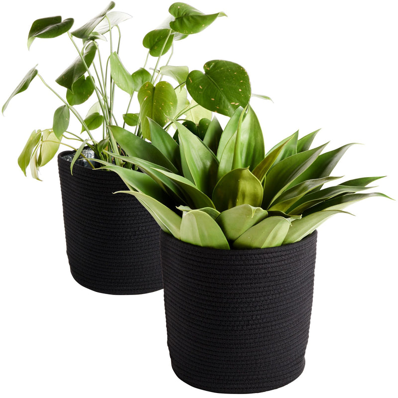 Juvale 2 Pack 11-inch Woven Plant Basket - Boho Style Indoor Floor Planters with Plastic Liner (Black)