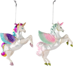 Juvale Rainbow Unicorn Ornament - 2-Pack Glass Christmas Tree Decor with String, Magical Multicolored Glitter Design, Winter Holiday Festive Hanging Decoration, 5 x 4.5 x 2 Inches