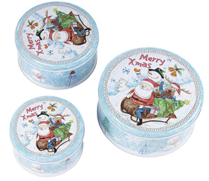 Juvale Christmas Nesting Cake Tins - 3-Set Round Nested Cookie Candy Storage Containers with Lids for Confectioneries, Holiday Decor, Light Blue and White