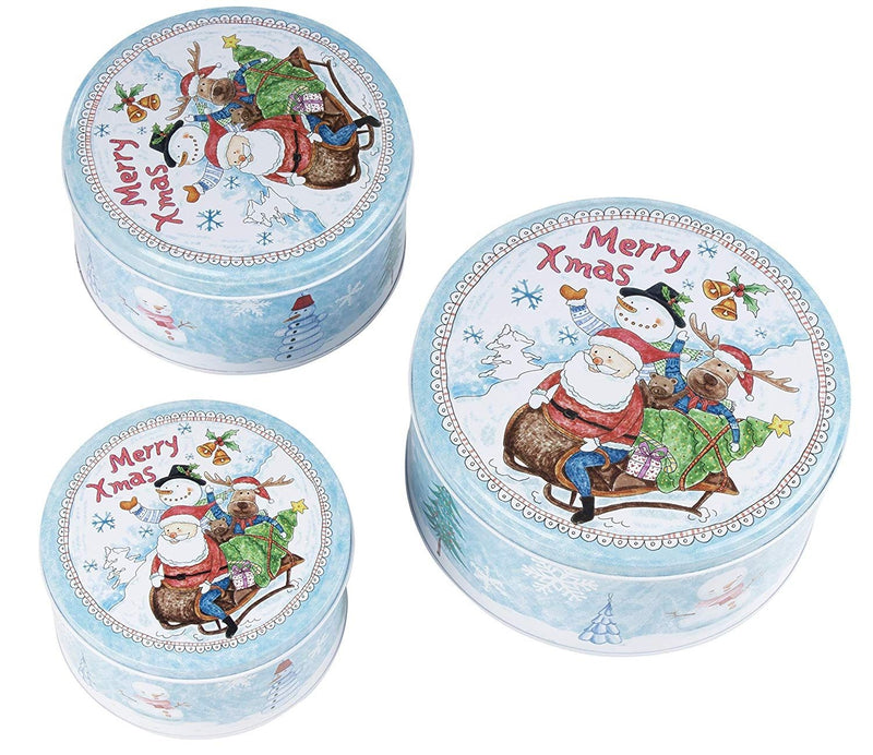 Juvale Christmas Nesting Cake Tins - 3-Set Round Nested Cookie Candy Storage Containers with Lids for Confectioneries, Holiday Decor, Light Blue and White