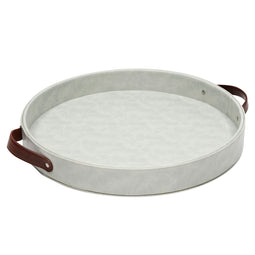 Faux Leather Round Serving Tray with Handles for Coffee Table and Ottoman (Cloudy White, 14.5 x 2 In)