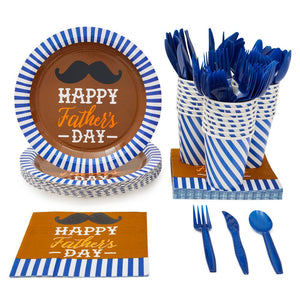Happy Fathers Day Dinnerware Set, Paper Plates, Plastic Cutlery, Cups, and Napkins (Serves 24, 144 Pieces)