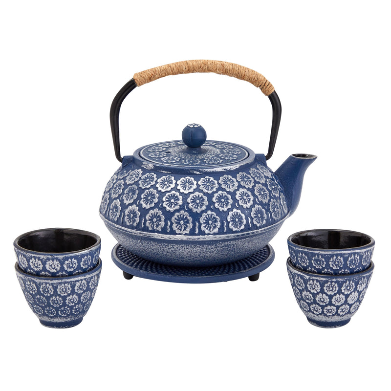 6-Piece Blue Floral Japanese Tea Set - Cast Iron Teapot Kettle with Stainless Steel Infuser, Trivet, 4 Teacups for Loose Leaf Tea (32 oz)