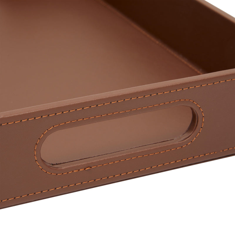 2-Pack Wooden Nesting Serving Tray Set with Stitched Faux Leather Skin and 2 Handles, Slip-Resistant Breakfast Service Tray in 2 Sizes (13.8x9.9x2.3 and 15.8x12x2.5 in, Brown)