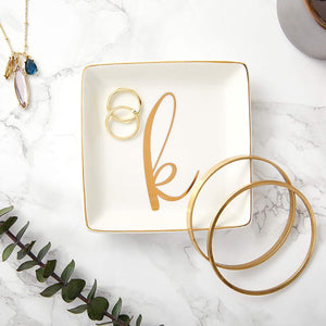 Letter K Ceramic Trinket Tray, Monogram Initials Jewelry Dish (4 x 4 Inches)