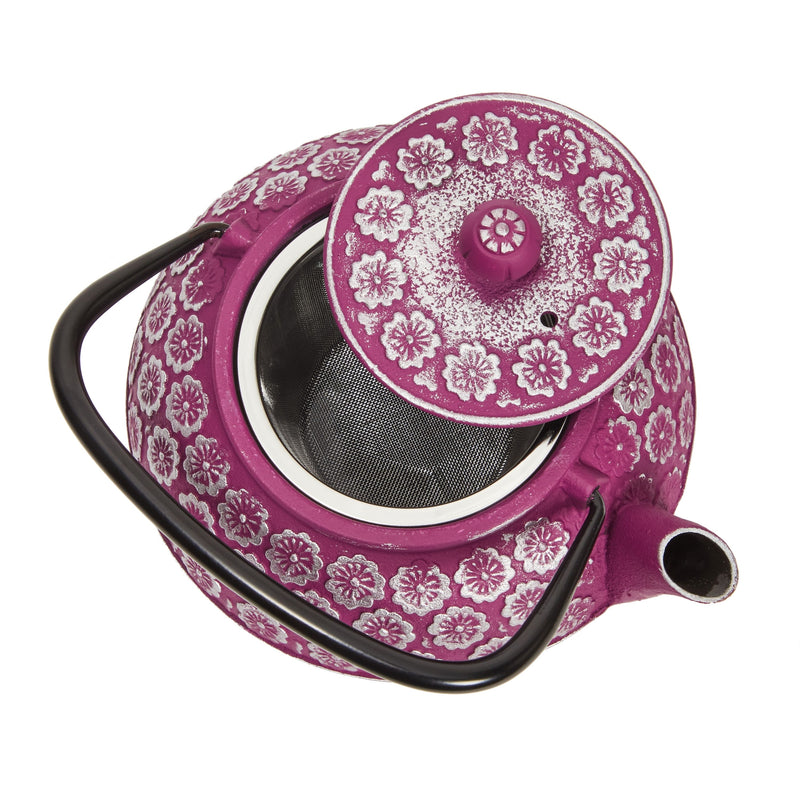 Purple Floral Cast Iron Teapot Kettle with Stainless Steel Loose Leaf Infuser (34 oz)