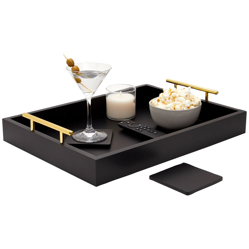 Black Serving Tray for Coffee Table, 16x12" with Coasters, Decorative Interchangeable Gold and Silver Handles