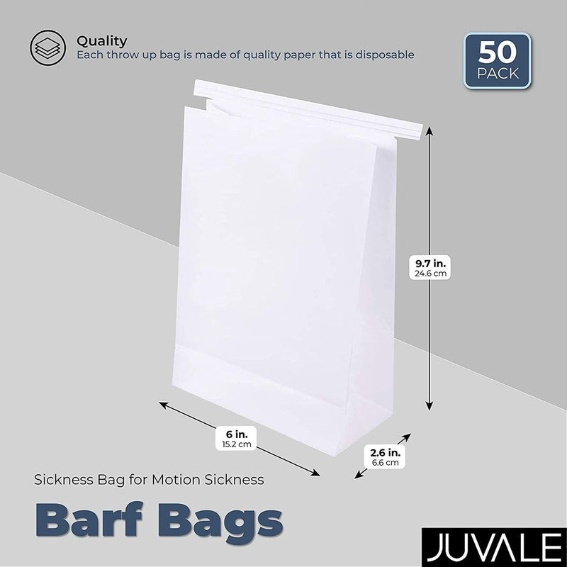 Paper Barf Bags for Motion Sickness, Vomit, Puke, Emesis (6 x 2.6 x 9.7 In, 50 Pack)
