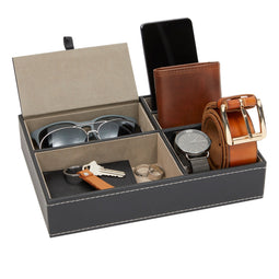 Black Valet Tray for Men, 5 Compartments for Wallet, Phone, Keys (Faux Leather, 10 x 7.3 x 2 In)