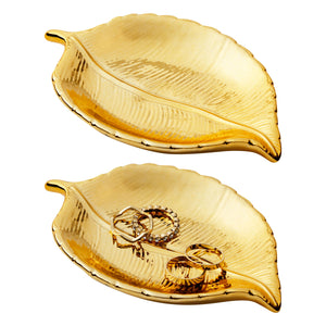 2-Pack Small Gold Leaf-Shaped Trinket Tray, 5.3x3.6x0.8-Inch Ceramic Jewelry Dish