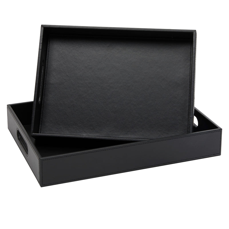 2-Pack Wooden Nesting Serving Tray Set with Stitched Faux Leather Skin and 2 Handles, Slip-Resistant Breakfast Service Tray in 2 Sizes (13.8x9.9x2.3 and 15.8x12x2.5 in, Black)