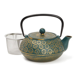 Floral Green Cast Iron Teapot for Stovetop - Japanese Tea Kettle Set with Stainless Steel Loose Leaf Infuser (34 oz)