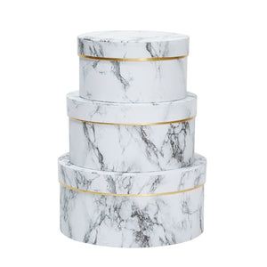 Set of 3 Small Round Gift Boxes with Lids, White Marble Print Cardboard Boxes (3 Sizes)