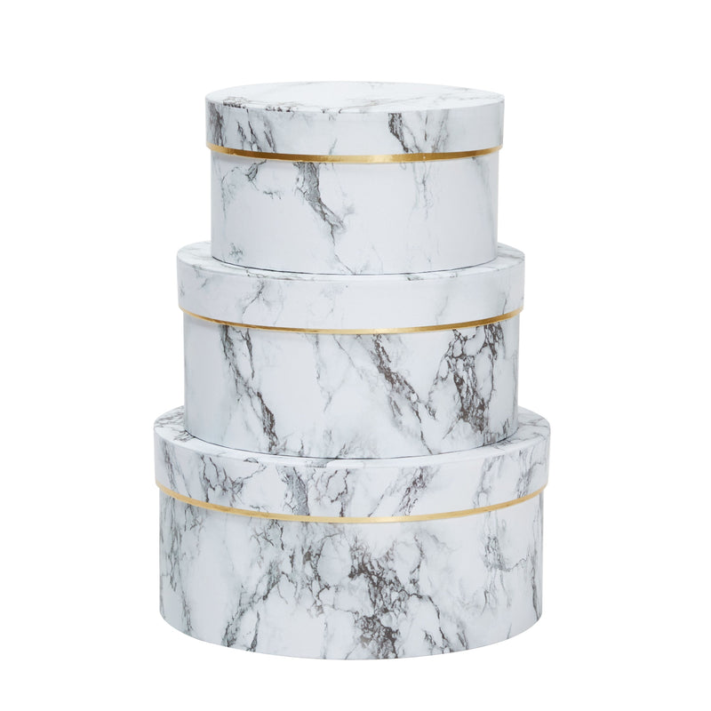 Set of 3 Small Round Gift Boxes with Lids, White Marble Print Cardboard Boxes (3 Sizes)