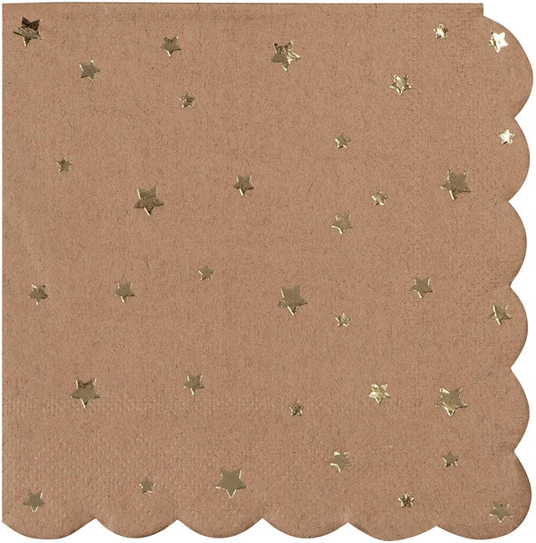 Cocktail Napkins - 50-Pack Disposable Kraft Paper Napkins, Rustic Holiday, Wedding, Birthday Party Supplies, Metallic Gold Foil Stars and Scalloped Edge Design, 3-Ply, Brown, Folded 4.8 x 4.7 Inches