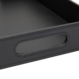 2-Pack Wooden Nesting Serving Tray Set with Stitched Faux Leather Skin and 2 Handles, Slip-Resistant Breakfast Service Tray in 2 Sizes (13.8x9.9x2.3 and 15.8x12x2.5 in, Black)