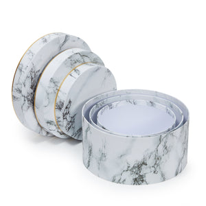 Set of 3 Small Round Gift Boxes with Lids, White Marble Print Cardboard Boxes (3 Sizes)