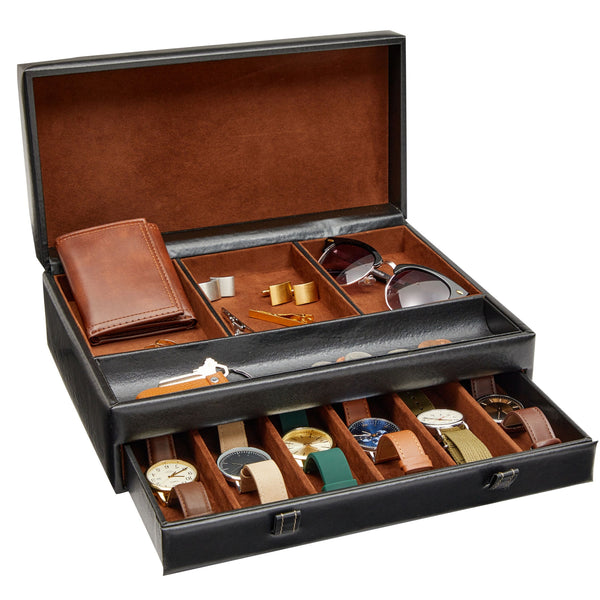 Mens Jewelry Box Organizer and Holder - Leather Valet Tray for Watches and Dresser (Black)