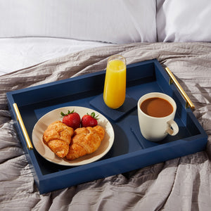 Blue Serving Tray for Coffee Table, 16x12" with Coasters, Decorative Interchangeable Gold and Silver Handles