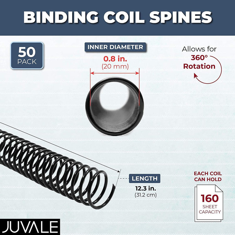 Black Spiral Binding Coils, Plastic Spines for 160 Sheets (12 in, 20mm, 4:1 Pitch, 50 Pack)