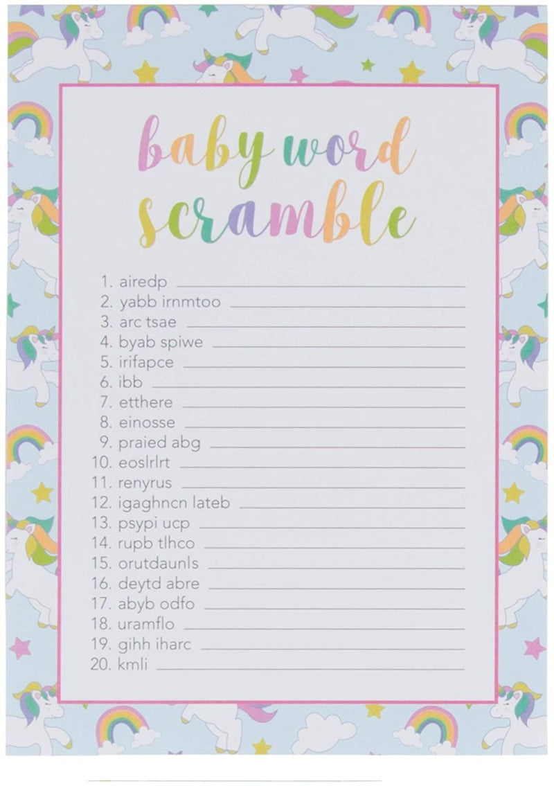 Baby Shower Game Card Packs - 5-Set Assorted Party Activity Supplies for 50 Guests, Including Bingo, Word Scramble, and Well Wishes, Unicorn and Clouds Design, 50 Sheets, 5 x 7 Inches