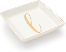 Letter L Ceramic Trinket Tray, Monogram Initials Jewelry Dish (4 x 4 Inches)