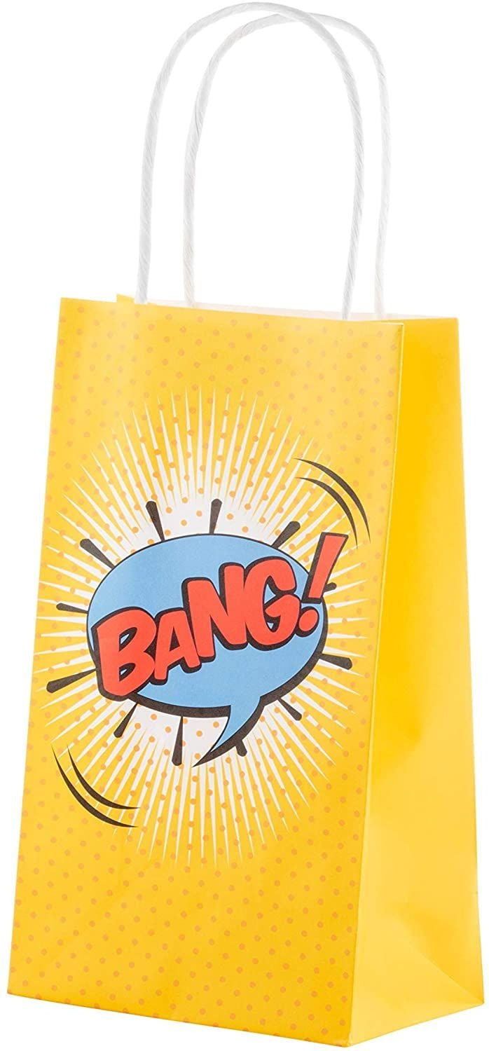 Comic Book Hero Party Favor Gift Bags with Handles (4 Colors, 12 Pack)