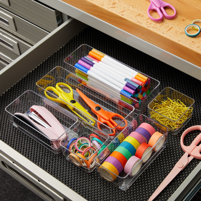 6 Piece Set Clear Plastic Drawer Organizers for Desk, Office, Acrylic Storage Containers in 3 Assorted Sizes