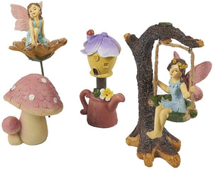 Miniature Fairy Garden Set, Resin Figurines for Lawn, Yard, and Home Decor (4 Pieces)