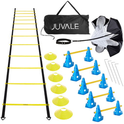 28 Piece Agility Speed Training Equipment - Sports Athlete Footwork Set with Workout Ladder for Ground, Resistance Parachute, Hurdles, and Cones