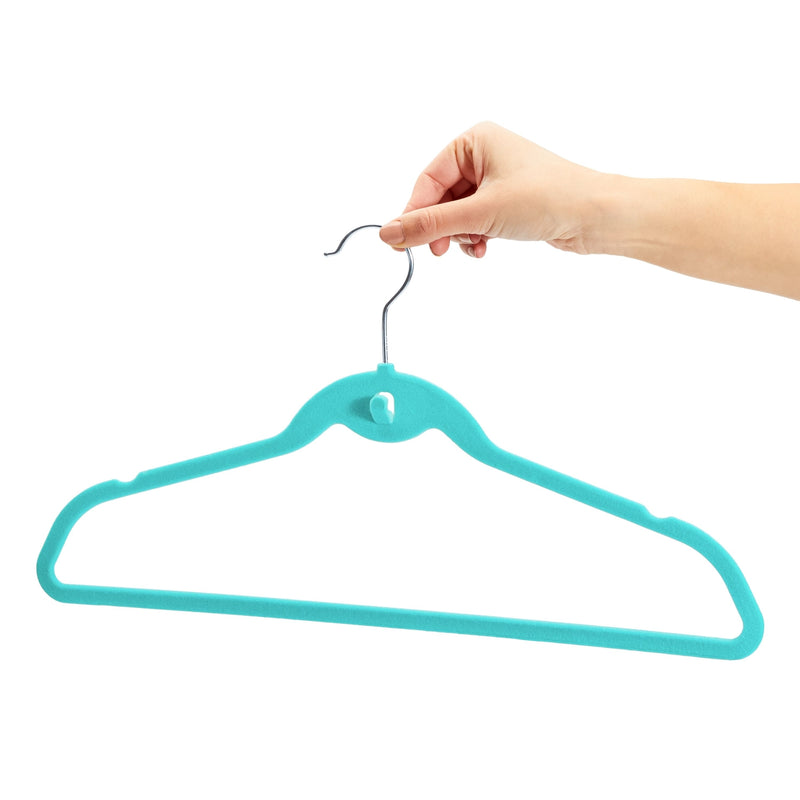 50 Pack Non Slip Velvet Clothes Hangers with Cascading Hooks Space Saving for Kids, Teens, and Adult's Shirts, Coats, Pants, Suits, and Dresses (Teal, 17.5 Inches)