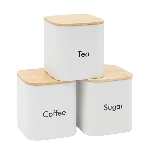 Coffee Tea Sugar Container Set - White Stainless Steel Kitchen Canister Set with Bamboo Lids (3 Pieces, 54 oz)