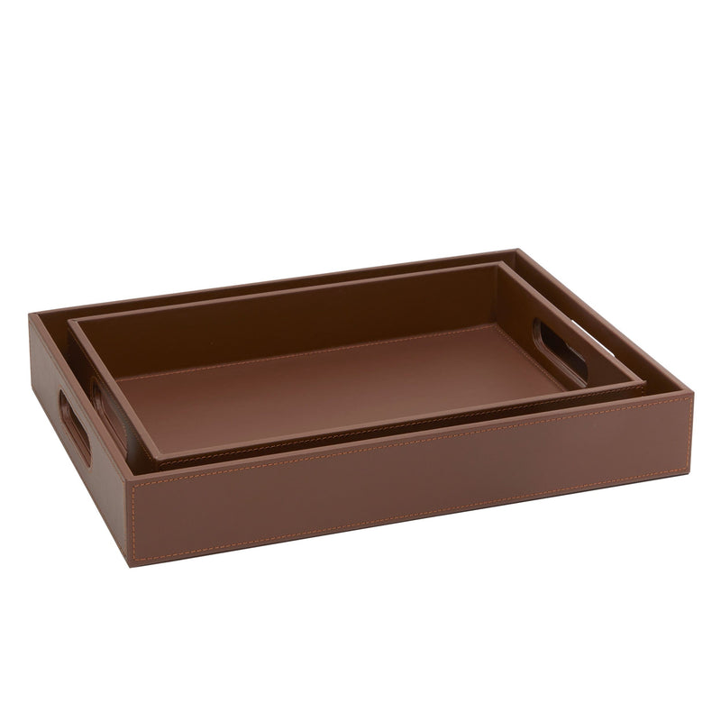 2-Pack Wooden Nesting Serving Tray Set with Stitched Faux Leather Skin and 2 Handles, Slip-Resistant Breakfast Service Tray in 2 Sizes (13.8x9.9x2.3 and 15.8x12x2.5 in, Brown)