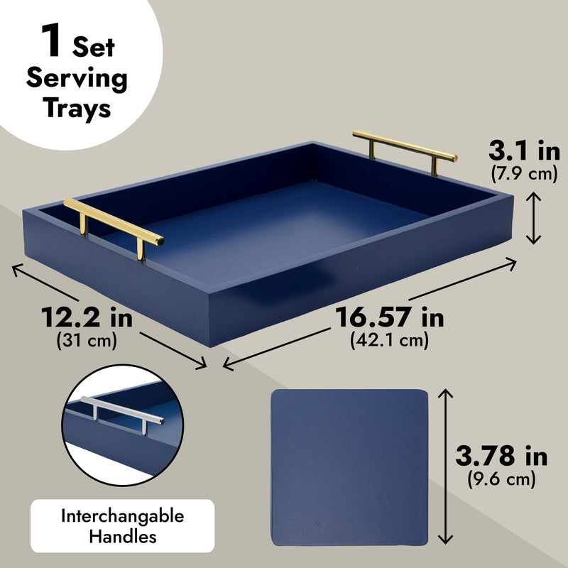 Blue Serving Tray for Coffee Table, 16x12" with Coasters, Decorative Interchangeable Gold and Silver Handles