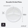 4 Pack Reusable White Melamine Portion Control Plates with Dividers for Adults, Dinner, Microwave and Dishwasher Safe (10 In)