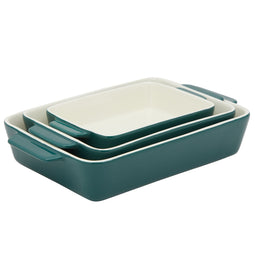 3 Piece Green Ceramic Bakeware Set - Rectangular Baking Dishes for Oven, Serving Casseroles, Kitchen (3 Sizes)