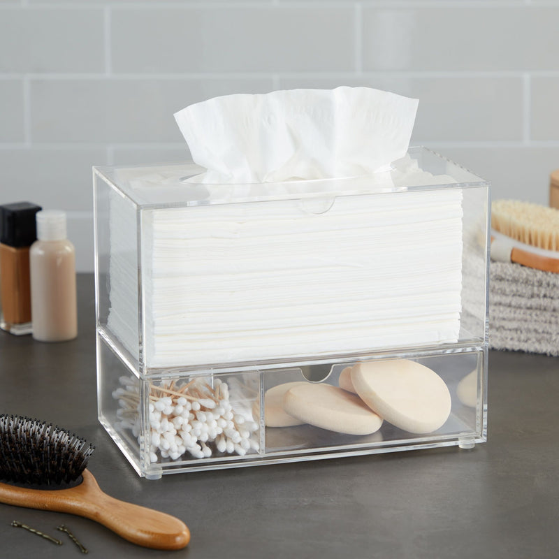 Clear Tissue Box Holder with Pull Out Drawer, Rectangle Dispenser Tissue Box Cover and Cosmetic Organizer for Bathroom (9.3 x 7 x 5 In)